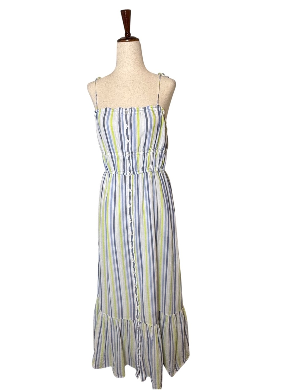 Aerie Button Front Maxi Dress Striped Cotton Blue Green Medium - Picture 3 of 14